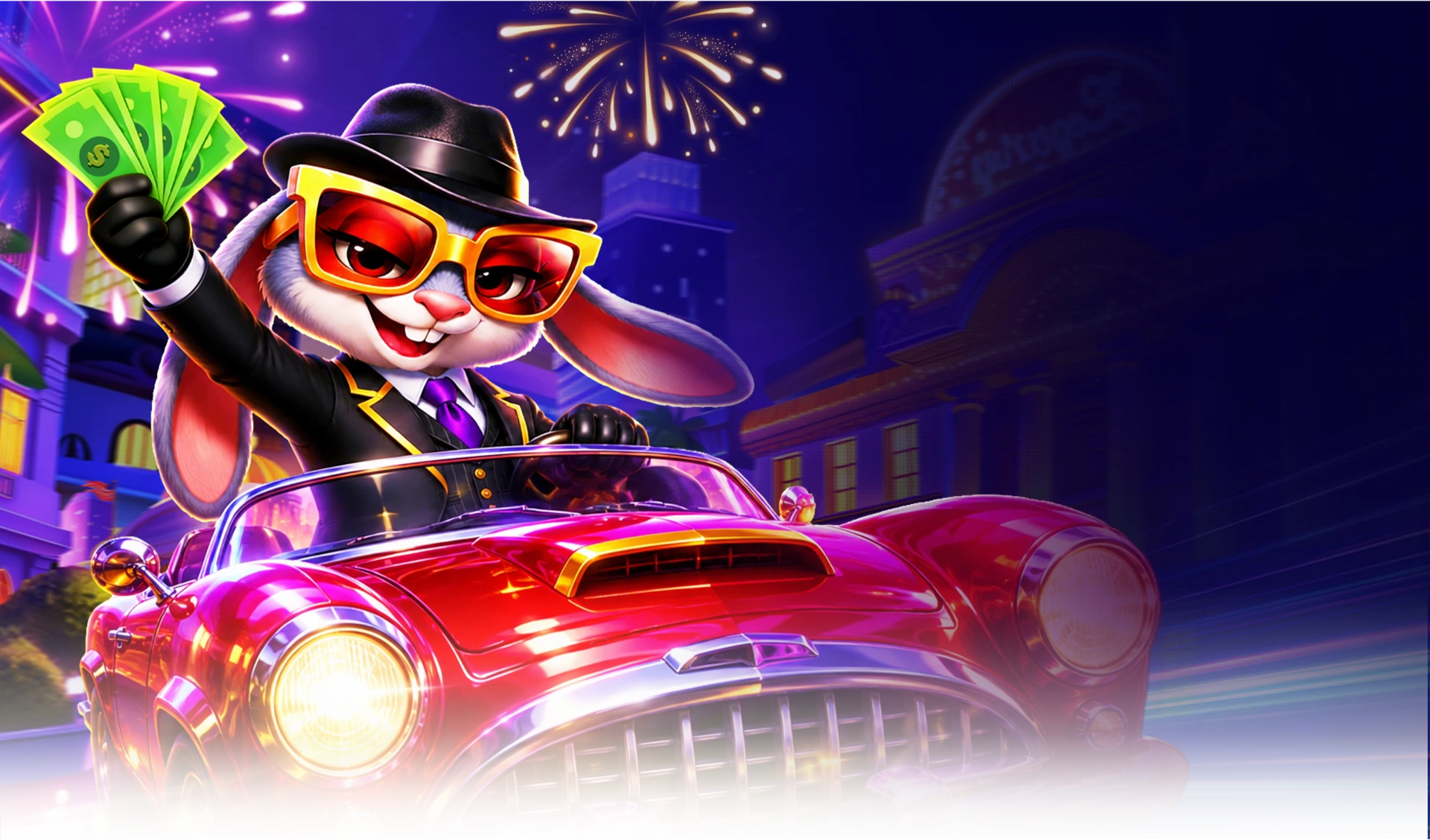 Jackpot Nights mascot driving a car at night